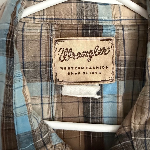Wrangler Western Fashion Pearl Snap Shirt Mens XL Short Sleeve Brown Blue Plaid - Picture 2 of 6
